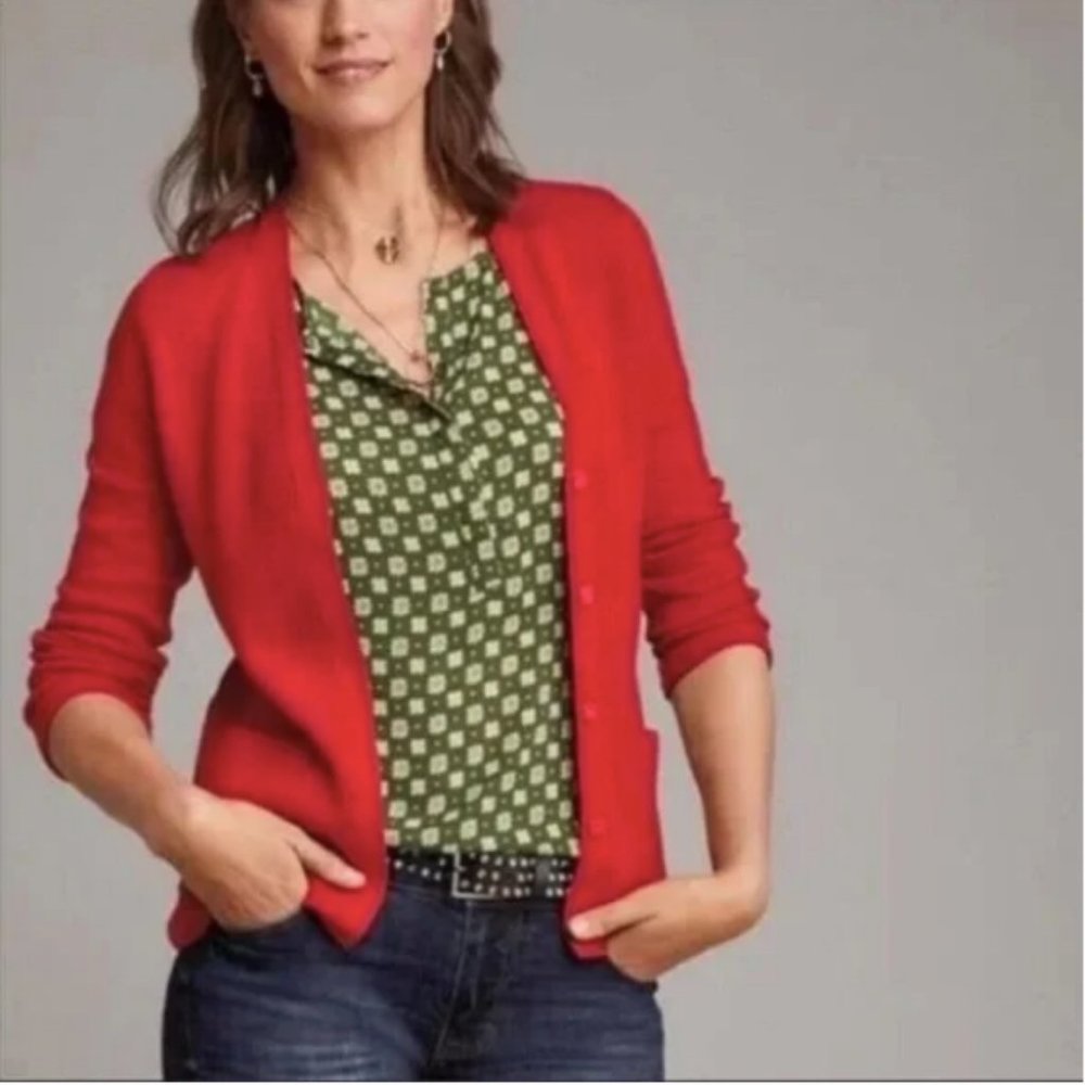 CAbi Orange Red Passage Snap Front Cardigan Two Front Pockets Style #3888 Medium